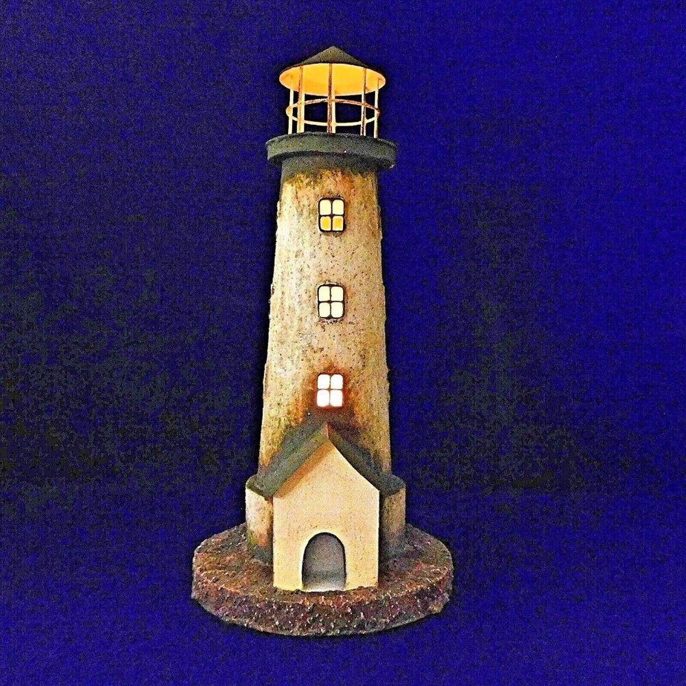 Large Painted Tin Lighthouse Votive Tealight Candle Holder 15" Beach Decor - Picture 2 of 11